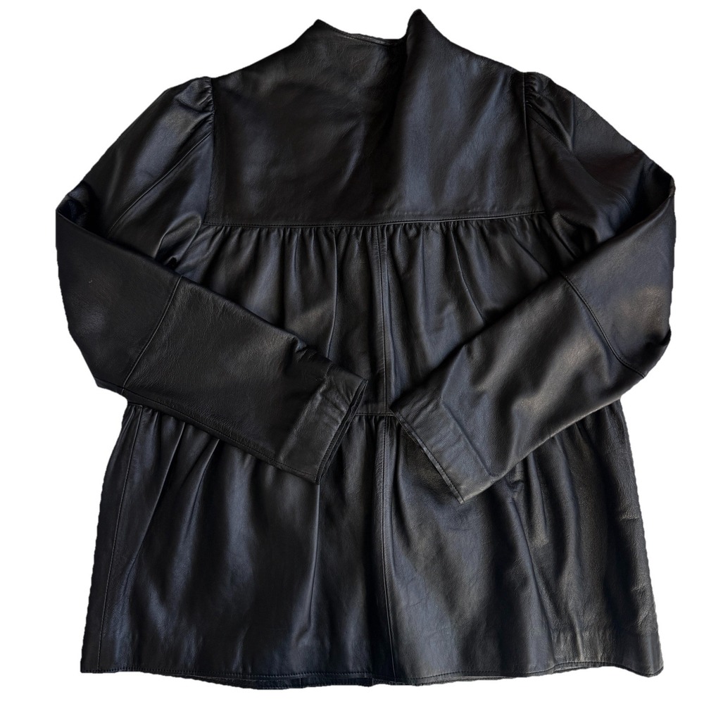 Womens Leather Jacket Black Sz Large Whimsy Goth Moto Biker Soft Tiered Peplum - Picture 3 of 7